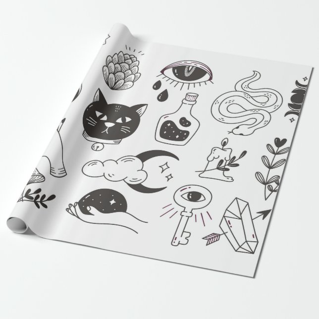 handgezeichnete mystische Tätowidoodle, Vintages A Geschenkpapier (Ungerollt)