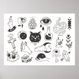 handgezeichnete mystische Tätowidoodle, Vintages A Poster