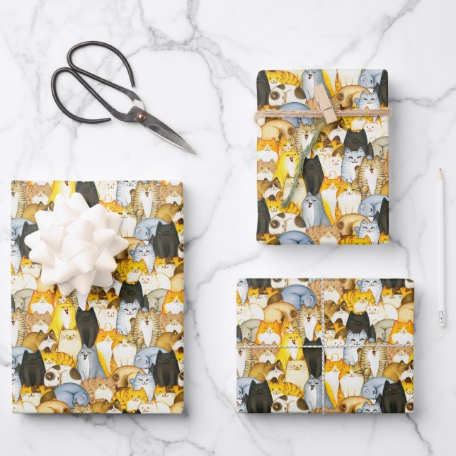 Handgezeichnete Niedliche Kätzchen Muster Pet Cats Geschenkpapier Set (Vorderseite)