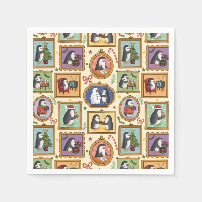 Handgezeichnete Pinguin-Weihnachtsmuster Serviette (Vorderseite)