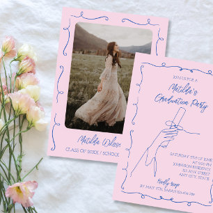 Handgezeichnete Pink & Blue Foto Graduierungsparty Einladung