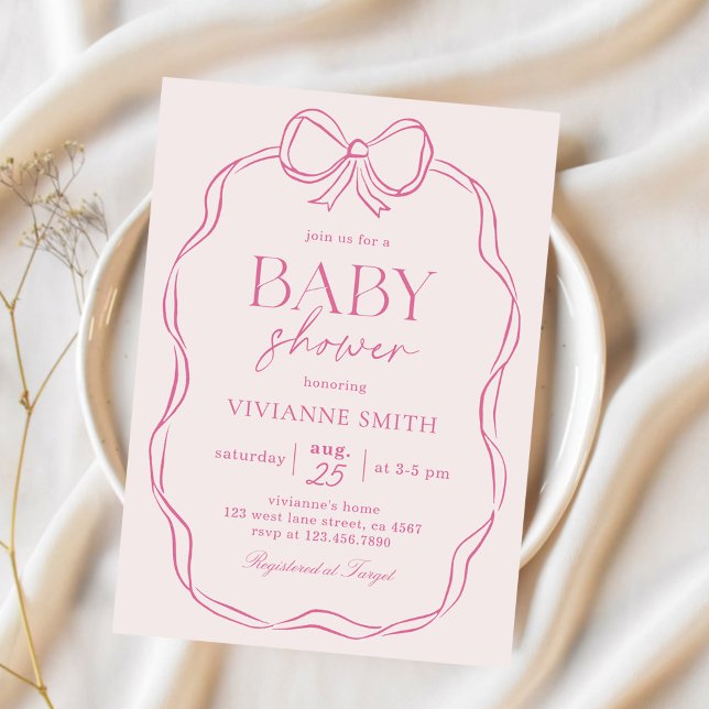 Handgezeichnete Pink Bow Baby Girl Dusche Einladung (Von Creator hochgeladen)