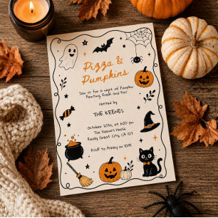 Handgezeichnete Pizza & Kürbisse Malerei Halloween Einladung
