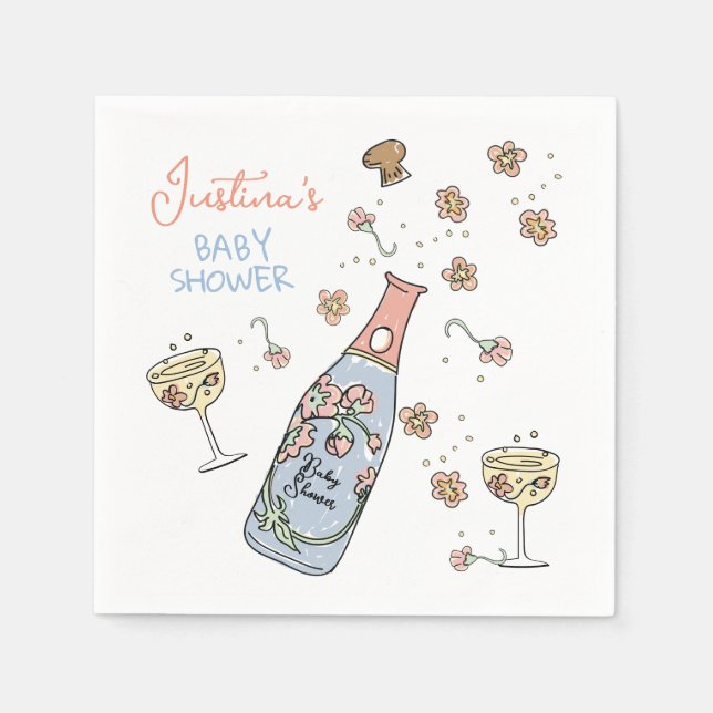 Handgezeichnete Presecco- und Petals-Babydusche Serviette (Vorderseite)