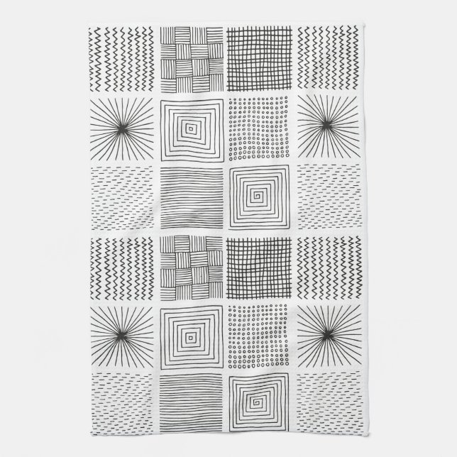 Handgezeichnete Quadrate Abstrakt Schwarz/Weiß B/W Geschirrtuch (Vertikal)