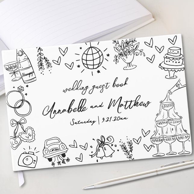 Handgezeichnete Quirky Whimsical Wedding Gästebuch (Hand Drawn Quirky Whimsical Wedding Guest Book)