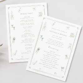 Handgezeichnete Quirky White and Sage Green Weddin Programm