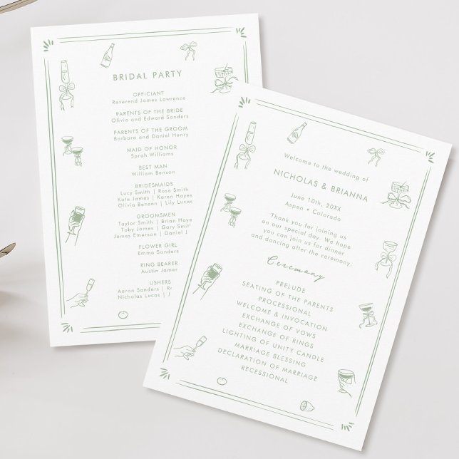 Handgezeichnete Quirky White and Sage Green Weddin Programm (Von Creator hochgeladen)