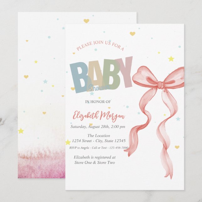 Handgezeichnete Red Bow Stars Herz Babydusche Einladung (Vorne/Hinten)