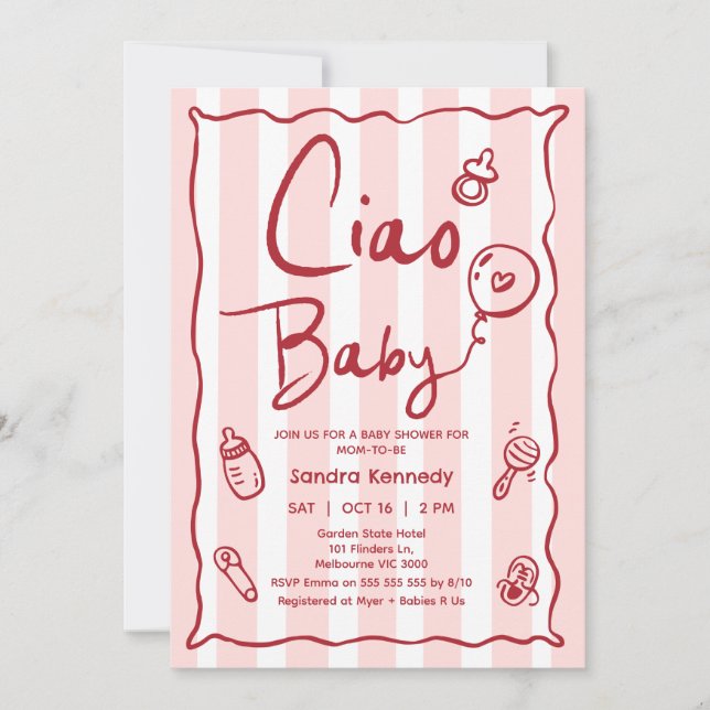 Handgezeichnete Red Pink Ciao Baby Dusche Einladung (Vorderseite)