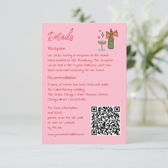 Handgezeichnete Retro-Rosa QR-Code Hochzeitsinform Begleitkarte (Stehend Vorderseite)
