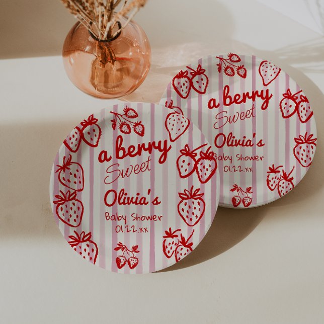 Handgezeichnete rosa rote Erdbeeren Babydusche Pappteller (Von Creator hochgeladen)