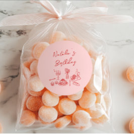 Handgezeichnete rosa Tellerware Geburtstagsessen Runder Aufkleber