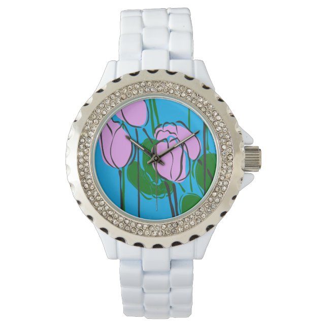Handgezeichnete rosa Tulips auf Sky Blue Armbanduhr (Vorderseite)