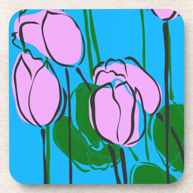 Handgezeichnete rosa Tulips auf Sky Blue Untersetzer (Vorderseite)