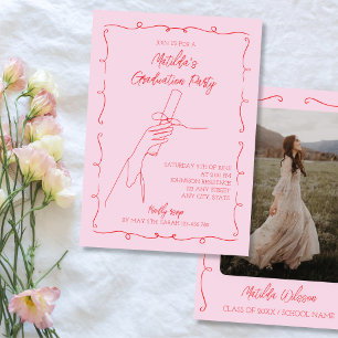 Handgezeichnete rosa und rote Foto-Abschlussfeierp Einladung