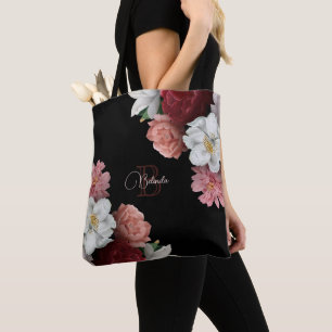 Handgezeichnete Rosen Blüten Schwarz Tasche