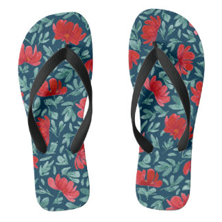 Handgezeichnete rote Blume auf blauem Hintergrund Flip Flops