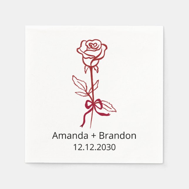 Handgezeichnete Rote Rose Bow Wedding Serviette (Vorderseite)