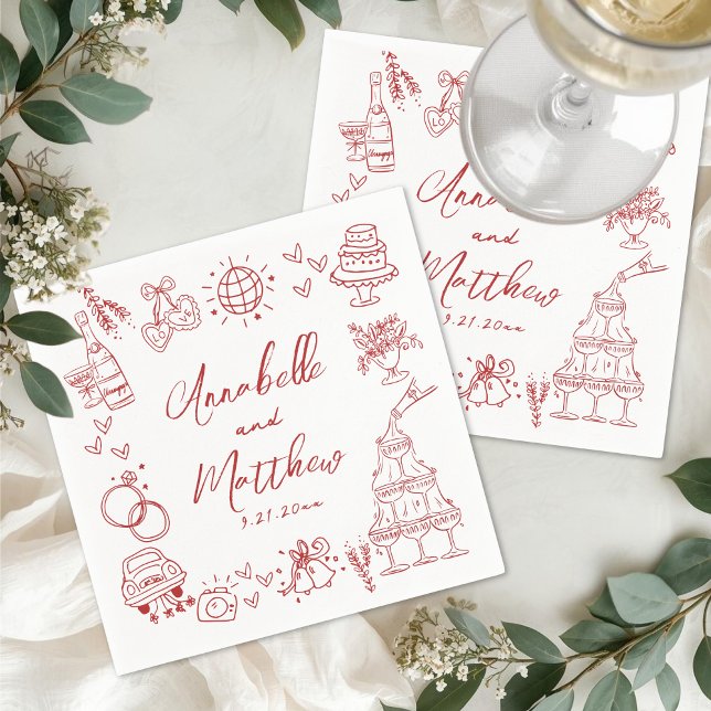 Handgezeichnete rote wunderliche Hochzeit Serviette (Hand Drawn Red Whimsical Wedding Napkins)