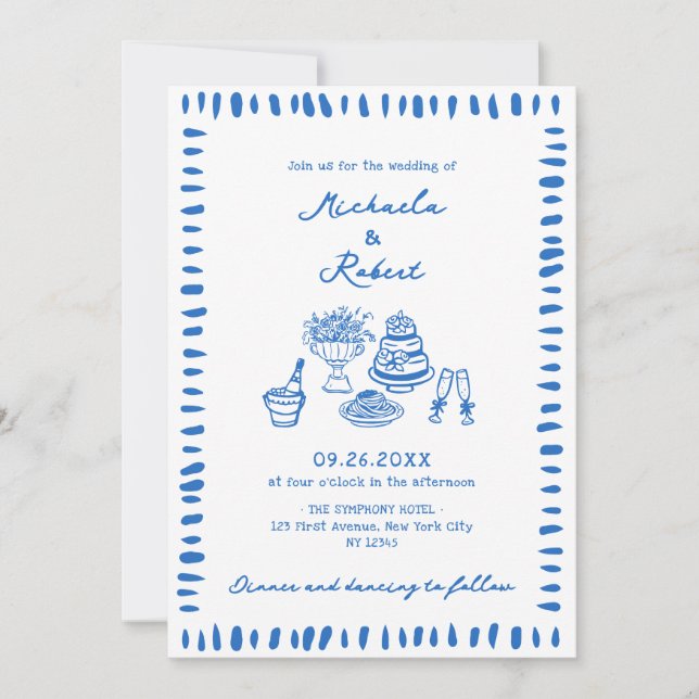 Handgezeichnete Schablone Doodles All-in-One Hochz Einladung (Vorderseite)