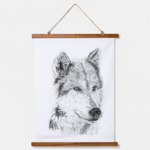 Handgezeichnete Schakal-Kojoten-Präriewolf-Kunst Wandteppich Mit Holzrahmen