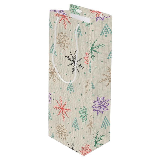 Handgezeichnete Schneeflocken Weihnachtsbäume Mult Geschenktüte Für Weinflaschen (Vorderseite Schrägansicht)