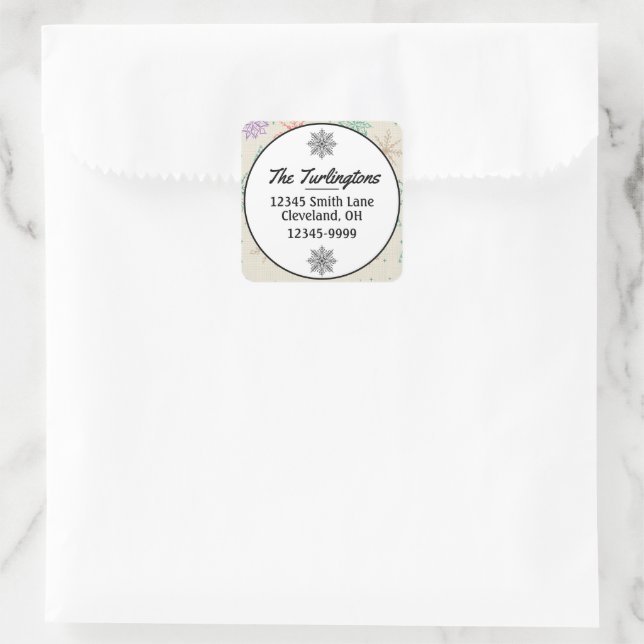 Handgezeichnete Schneeflocken Weihnachtsbäume Mult Quadratischer Aufkleber (Tasche)