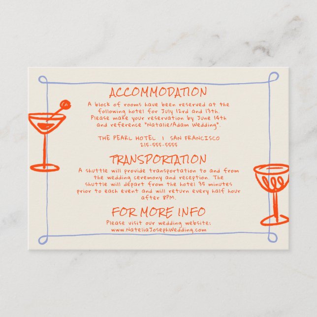 Handgezeichnete Schriftliche blaue Orange Hochzeit Begleitkarte (Vorderseite)