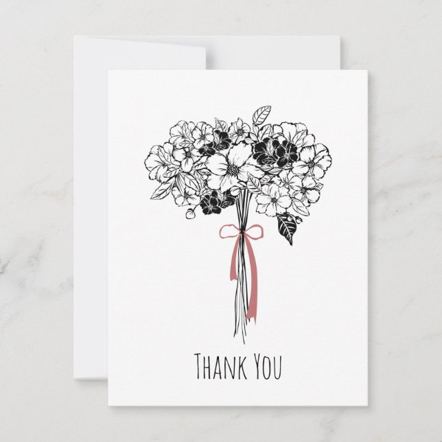 Handgezeichnete Schwarz-Weiß-BlumenBouquet Vielen  Dankeskarte (Vorderseite)