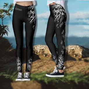Handgezeichnete Schwarz-Weiß-Blumenmuster Leggings