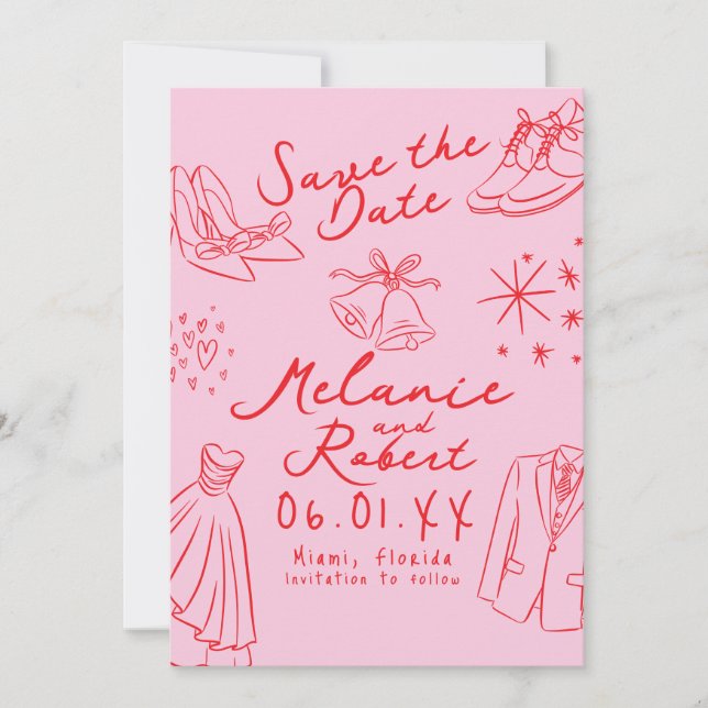 Handgezeichnete Schwarz-Weiß-Doodle von Bräutigam  Save The Date (Vorderseite)