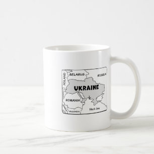 Handgezeichnete Schwarzlinienkarte der Ukraine und Kaffeetasse