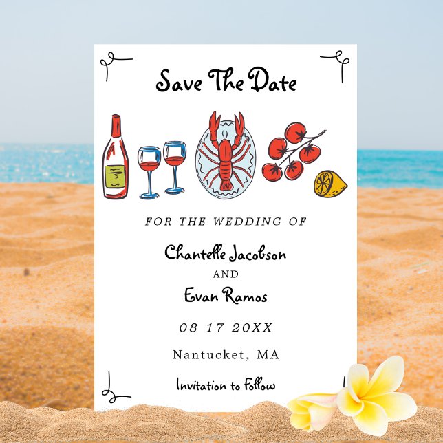 Handgezeichnete Seafood Hummer Strand Hochzeit The Save The Date (Von Creator hochgeladen)