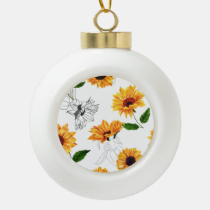 Handgezeichnete Sonnenblumen: lebendiges gelbes Mu Keramik Kugel-Ornament