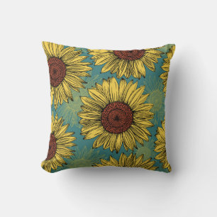 Handgezeichnete Sonnenblumen Mint Blau Kissen