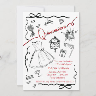 Handgezeichnete, spielerische Prinzessin Quinceañe Einladung