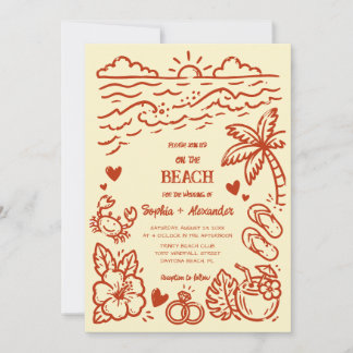 Handgezeichnete Strand-Doodle-Hochzeitseinladung Einladung