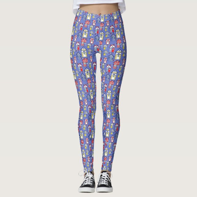 Handgezeichnete Strandhütten auf blau Leggings (Vorderseite)