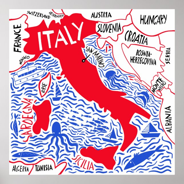 handgezeichnete stylisierte Karte Italiens. Reiser Poster (Vorne)