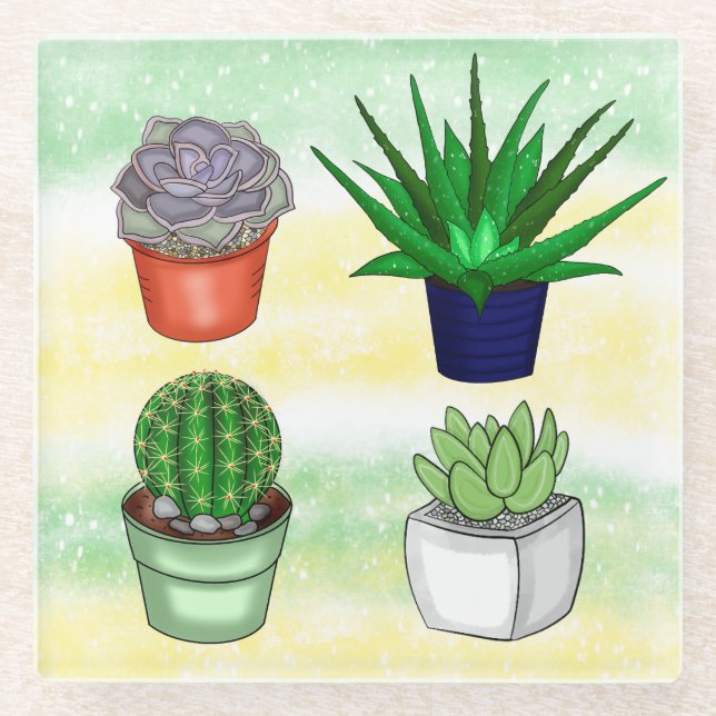 Handgezeichnete Sukkulturen Glasuntersetzer (Vorderseite)