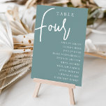 Handgezeichnete Tabelle FOUR   Gast-Namen Tischnummer<br><div class="desc">Einfache und schicke Tischnummer-Karten in staubigen aquamarinen und weißen Farbtönen geben bei Ihrer Hochzeit oder Veranstaltung eine elegante Note. Das Design enthält "Table [number]" in einem spannenden Mix aus klassischer Serif und handgeschriebenem Skriptsatz, darunter einzelne Gastnamen. Design wiederholt sich auf beiden Seiten. Einzelne nummerierte Karten werden separat verkauft; bestellen Sie...</div>