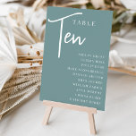 Handgezeichnete Tabelle TEN   Gast-Namen Tischnummer<br><div class="desc">Einfache und schicke Tischnummer-Karten in staubigen aquamarinen Aqua und Weiß machen eine elegante Aussage bei Ihrer Hochzeit oder Veranstaltung. Das Design enthält "Table [number]" in einem spannenden Mix aus klassischer Serif und handgeschriebenem Skriptsatz, darunter einzelne Gastnamen. Design wiederholt sich auf beiden Seiten. Einzelne nummerierte Karten werden separat verkauft; bestellen Sie...</div>