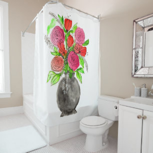 Handgezeichnete Tinte Doodle Rosa und Rote Wasserf Duschvorhang