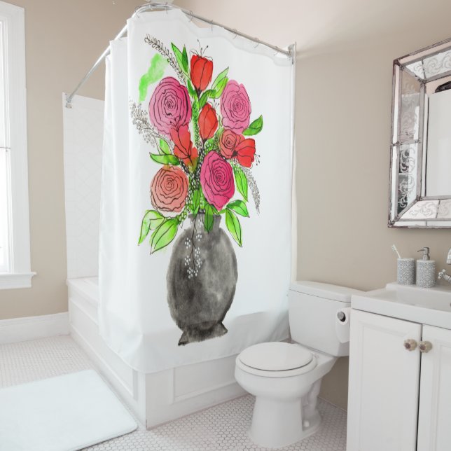 Handgezeichnete Tinte Doodle Rosa und Rote Wasserf Duschvorhang (Beispiel)