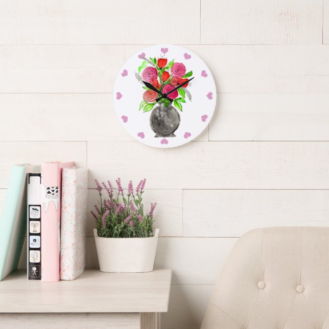 Handgezeichnete Tinte Doodle Rosa und Rote Wasserf Große Wanduhr (Lesesaal)
