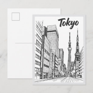 Handgezeichnete Tokioter Straßenszene Landmarke Postkarte