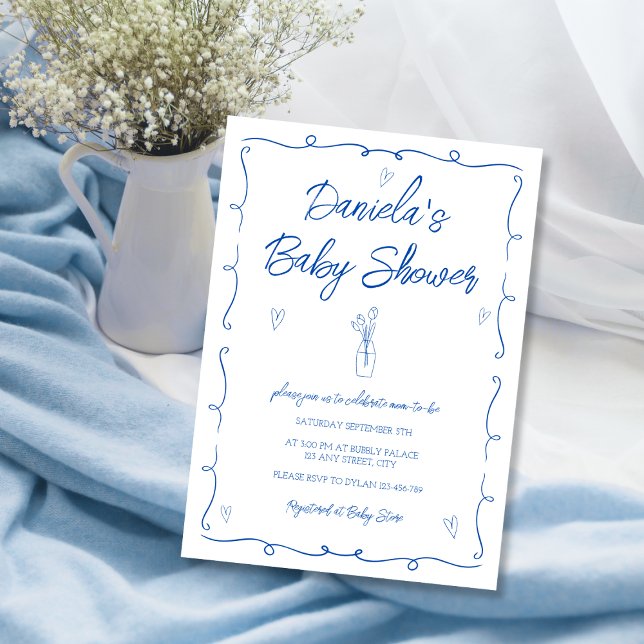 Handgezeichnete Trendy Blue Flowers Baby Boy Dusch Einladung (Hand Drawn Trendy Blue Flowers Baby Boy Shower Invitation)