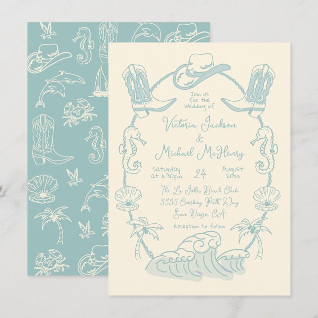 Handgezeichnete Tropical Cowboy Beach Hochzeit Einladung (Vorne/Hinten)