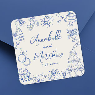 Handgezeichnete Vintage Blaue Hochzeit Quadratischer Aufkleber